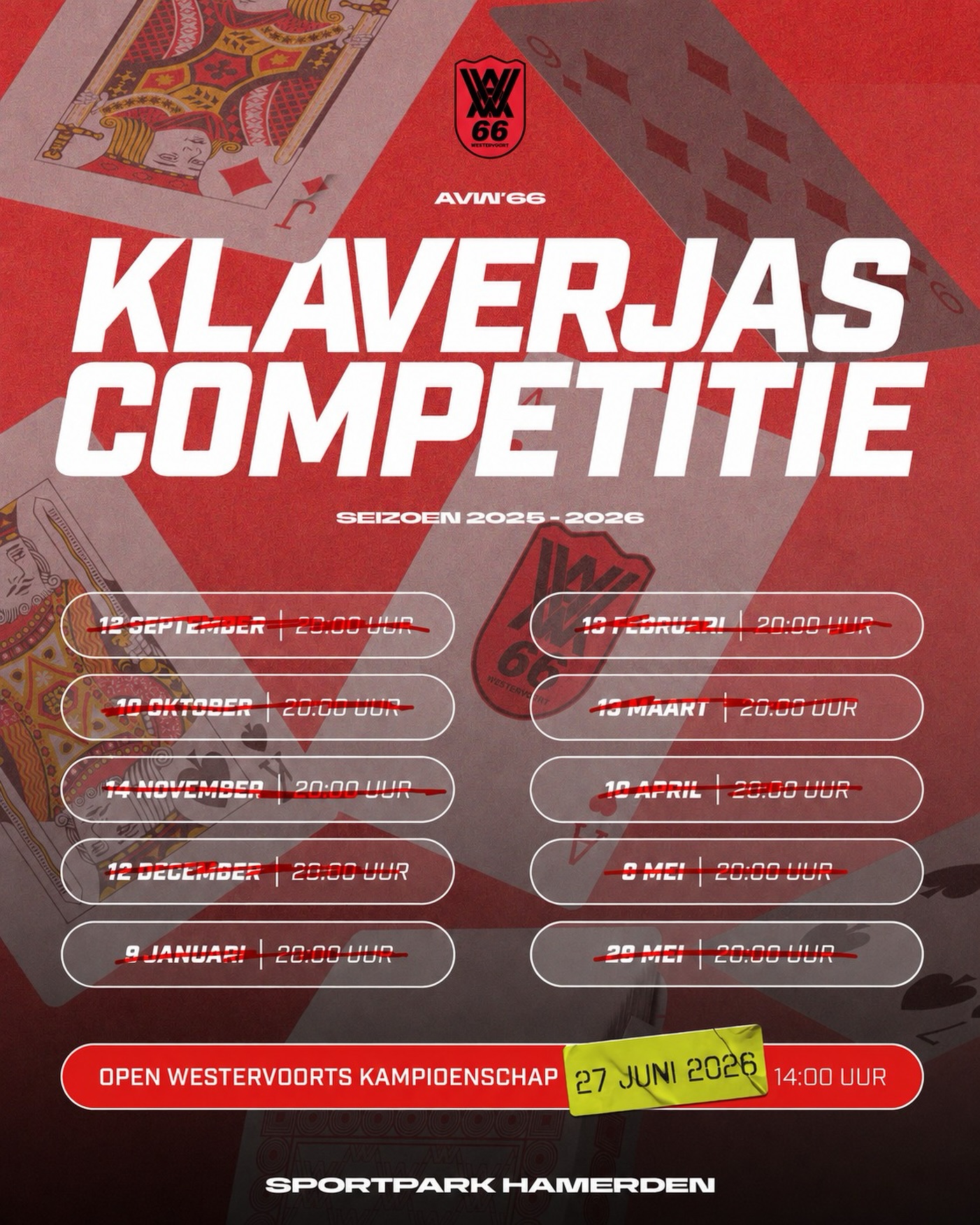 Open Westervoorts Klaverjaskampioenschap op 27 juni as. 14:00 uur.