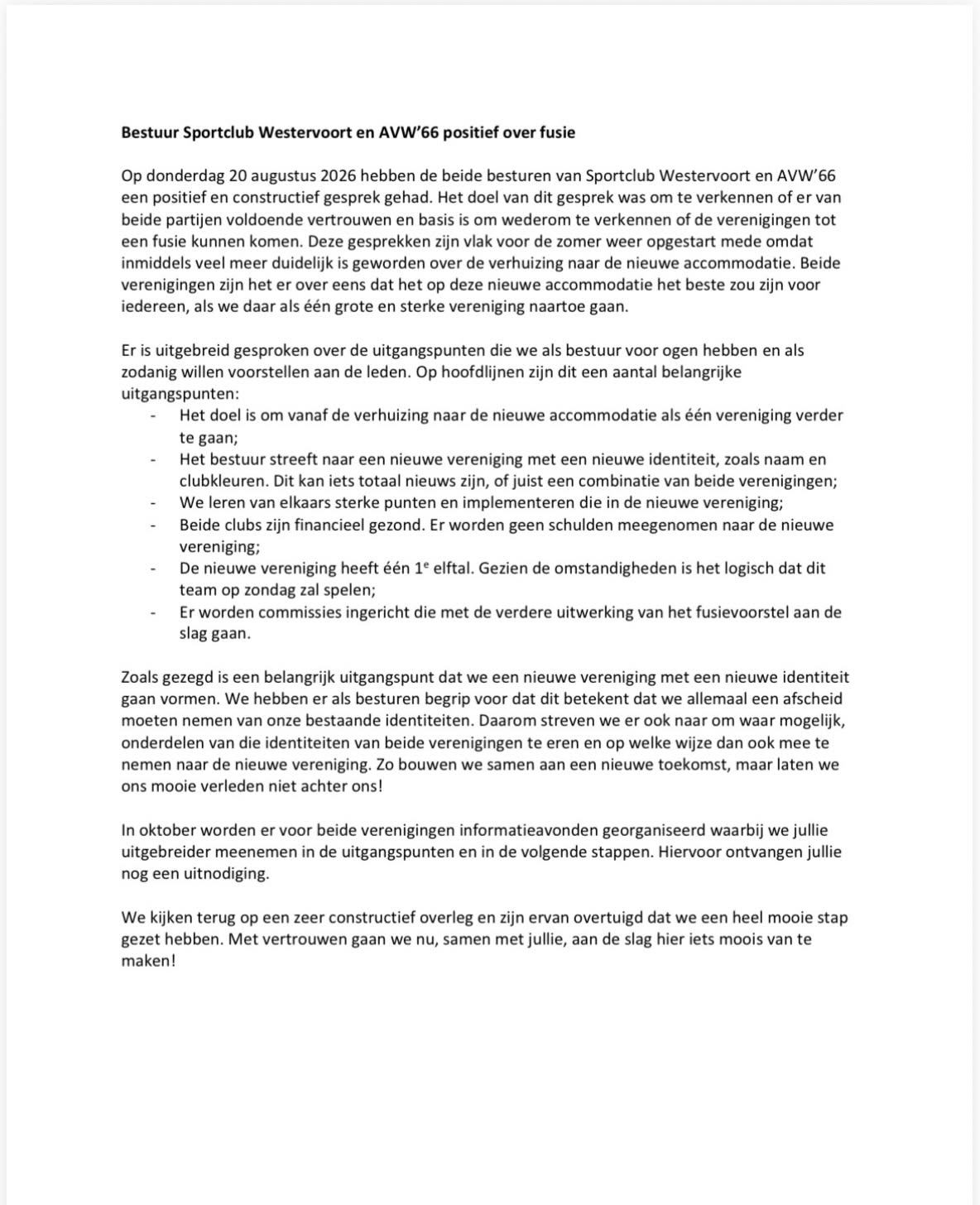 Gezamenlijk statement sportclub Westervoort & AVW’66